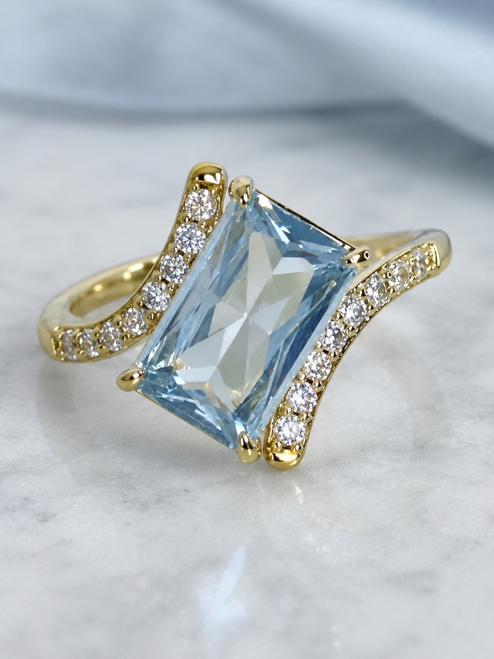 Gold Plated Baby Blue Topaz Statement Ring with Clear CZ Pavé Accents